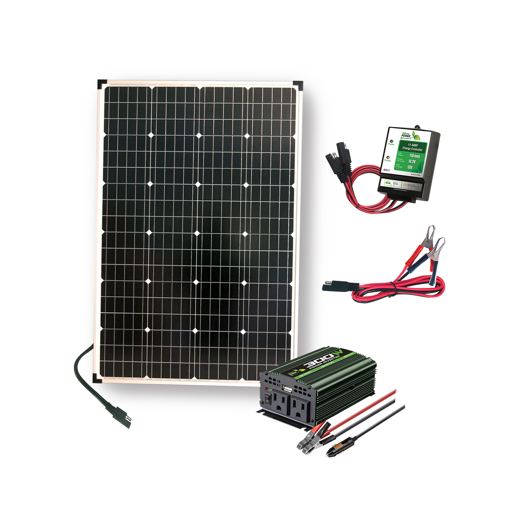 110 Watt Complete Solar Power Kit: 1 x 110W Solar Panel, 300W Power Inverter, 11Amp CC (53110) Questions & Answers